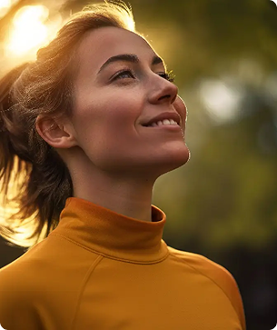 Woman looking upward in sunlight